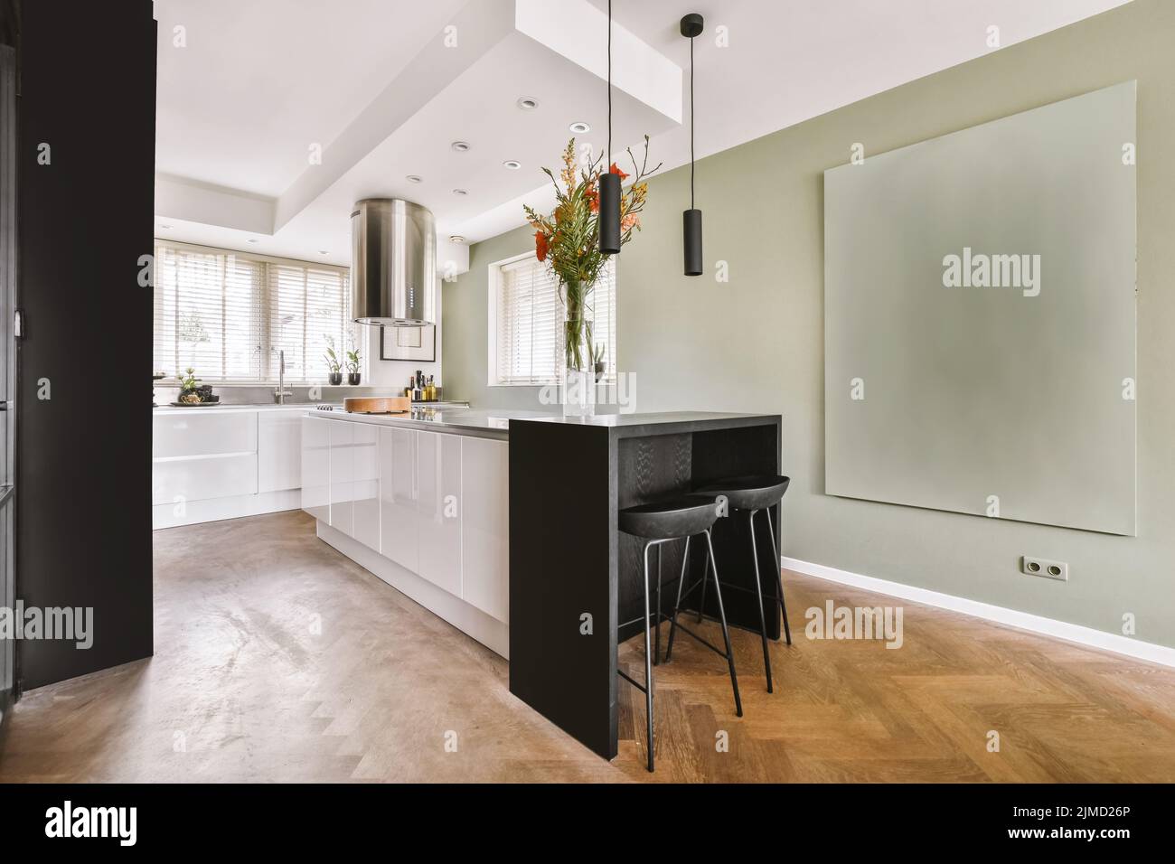 Mostrador con armarios blancos y electrodomésticos modernos colocados en una cocina elegante y luminosa con cocina de gas en un amplio apartamento Foto de stock
