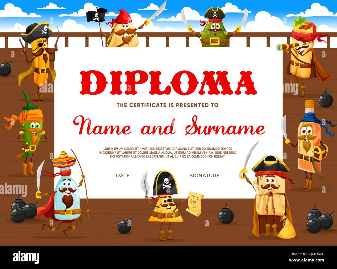 Diploma para niños, caricaturas piratas de comida mexicana y personajes