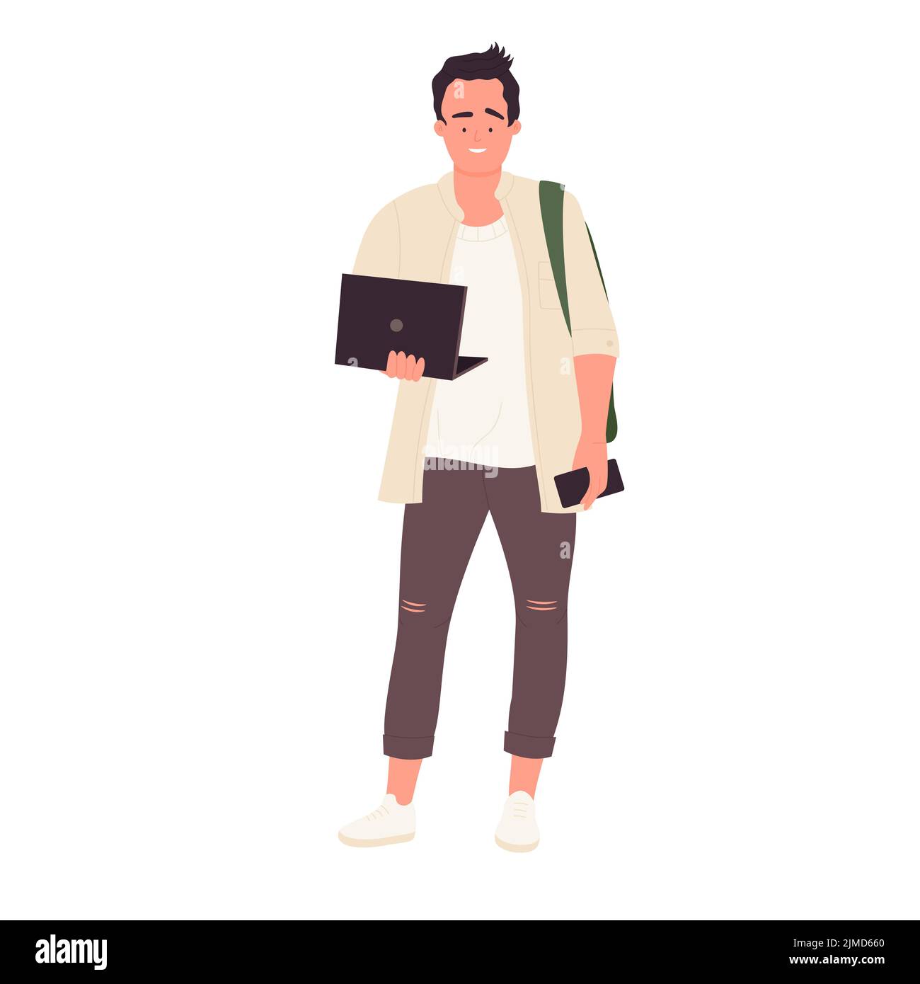 Estudiante masculino con portátil. Alumno con computadora, niño adolescente de pie ilustración vectorial Ilustración del Vector