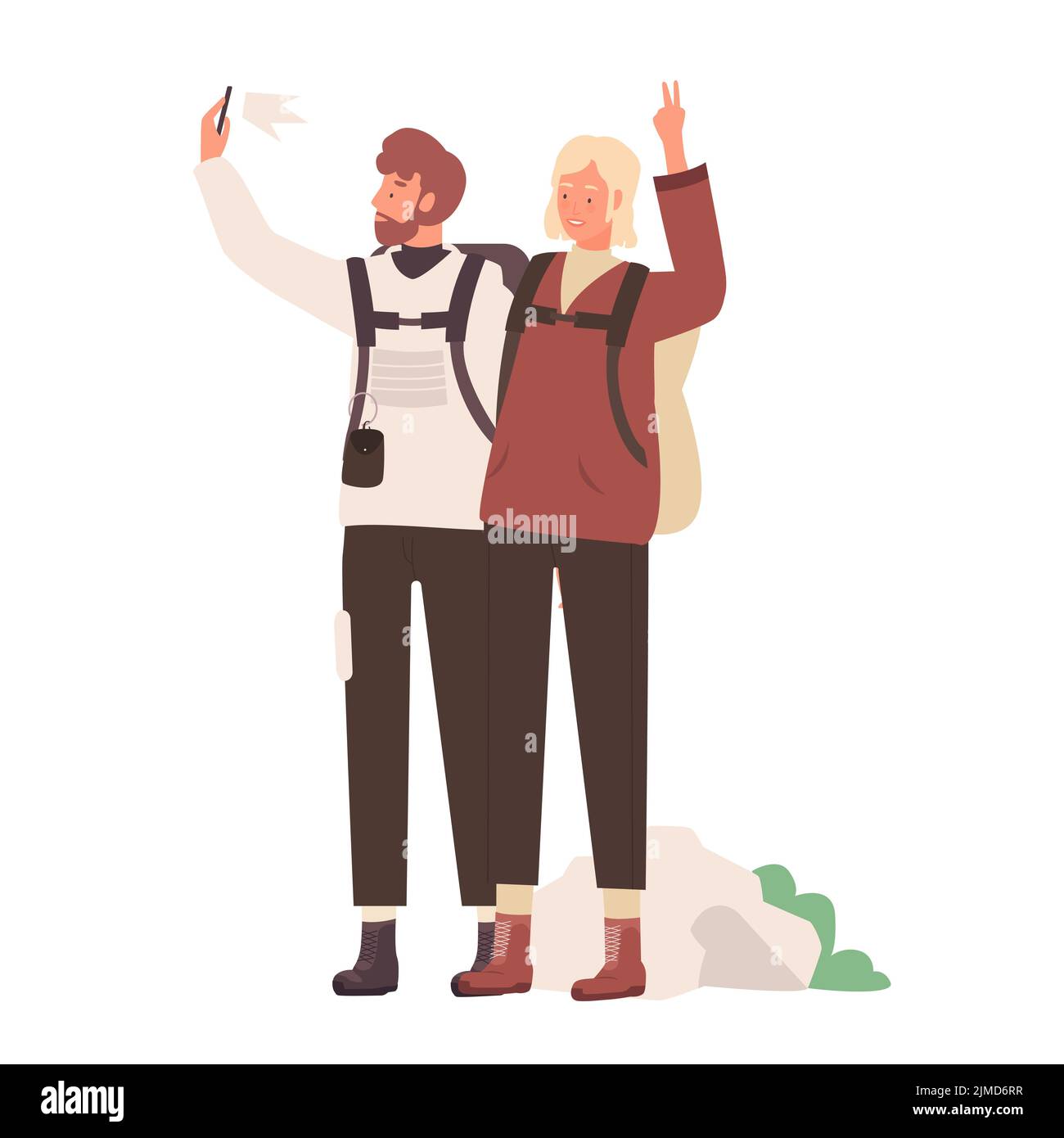 Entusiasmados pareja de turistas haciendo selfie. Toma de fotos de viajes, ilustración de vectores de aventura en la montaña Ilustración del Vector