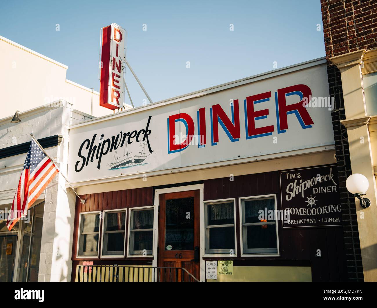 Carteles retro en Tims Shipwreck Diner, Northport, Nueva York Foto de stock