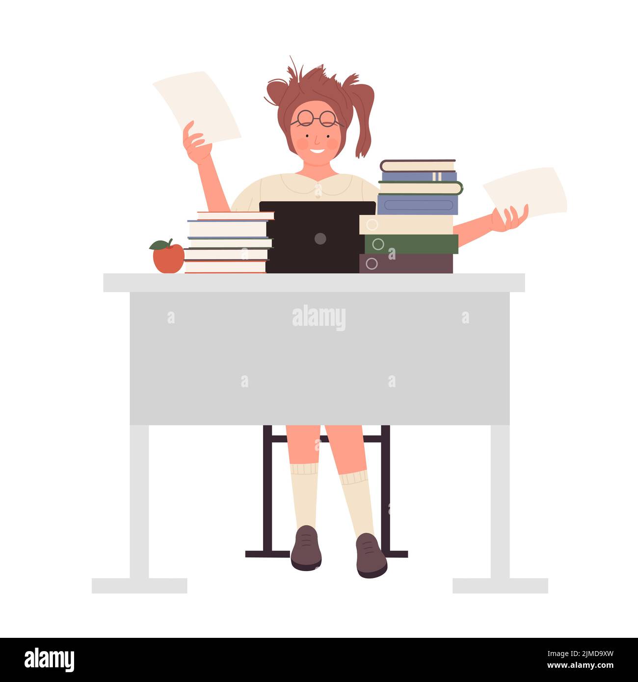 Niña nerd estudiando en la computadora. Geek adolescente sentado en la mesa con los libros de ilustración vectorial Ilustración del Vector