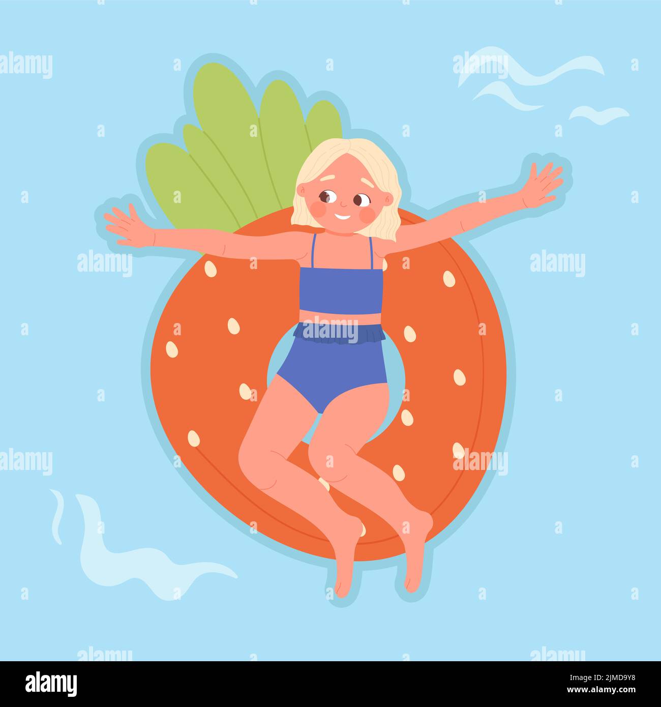 Feliz chica emocionada en un colchón flotante de frutas. Aquapark tiempo de ocio, la temporada de vacaciones ilustración de vectores Ilustración del Vector