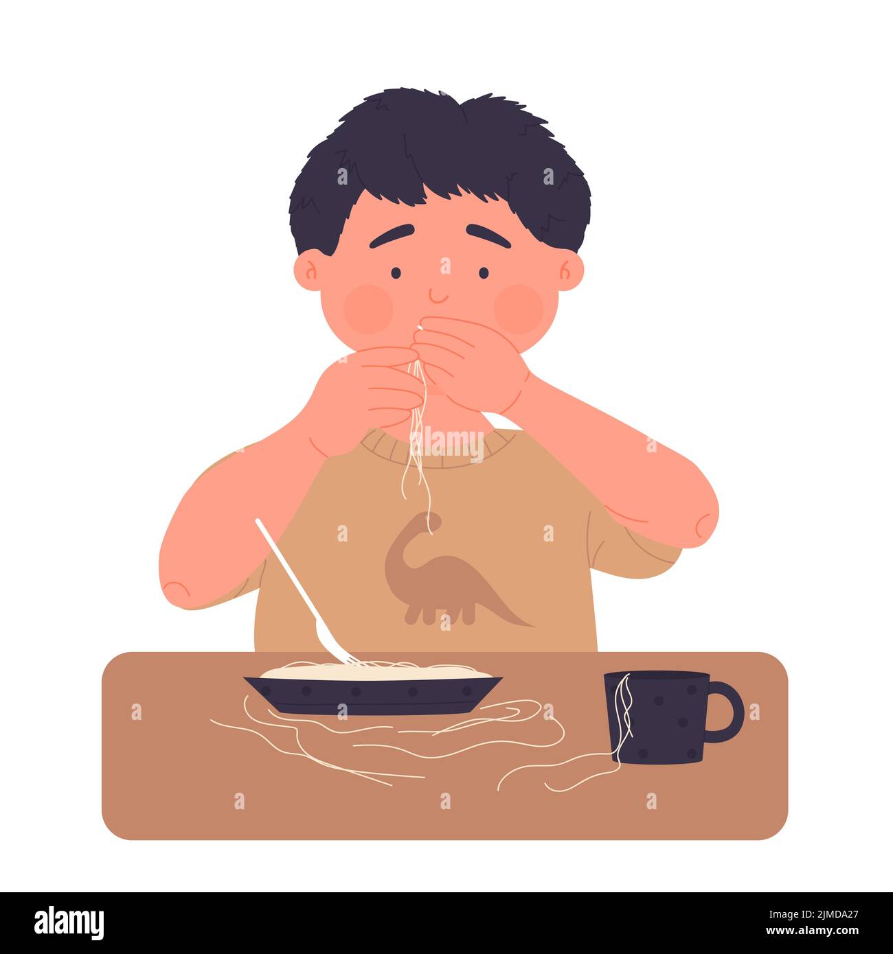 Niño pequeño comiendo espaguetis. Comida lío, tener almuerzo comida ilustración de vector Ilustración del Vector