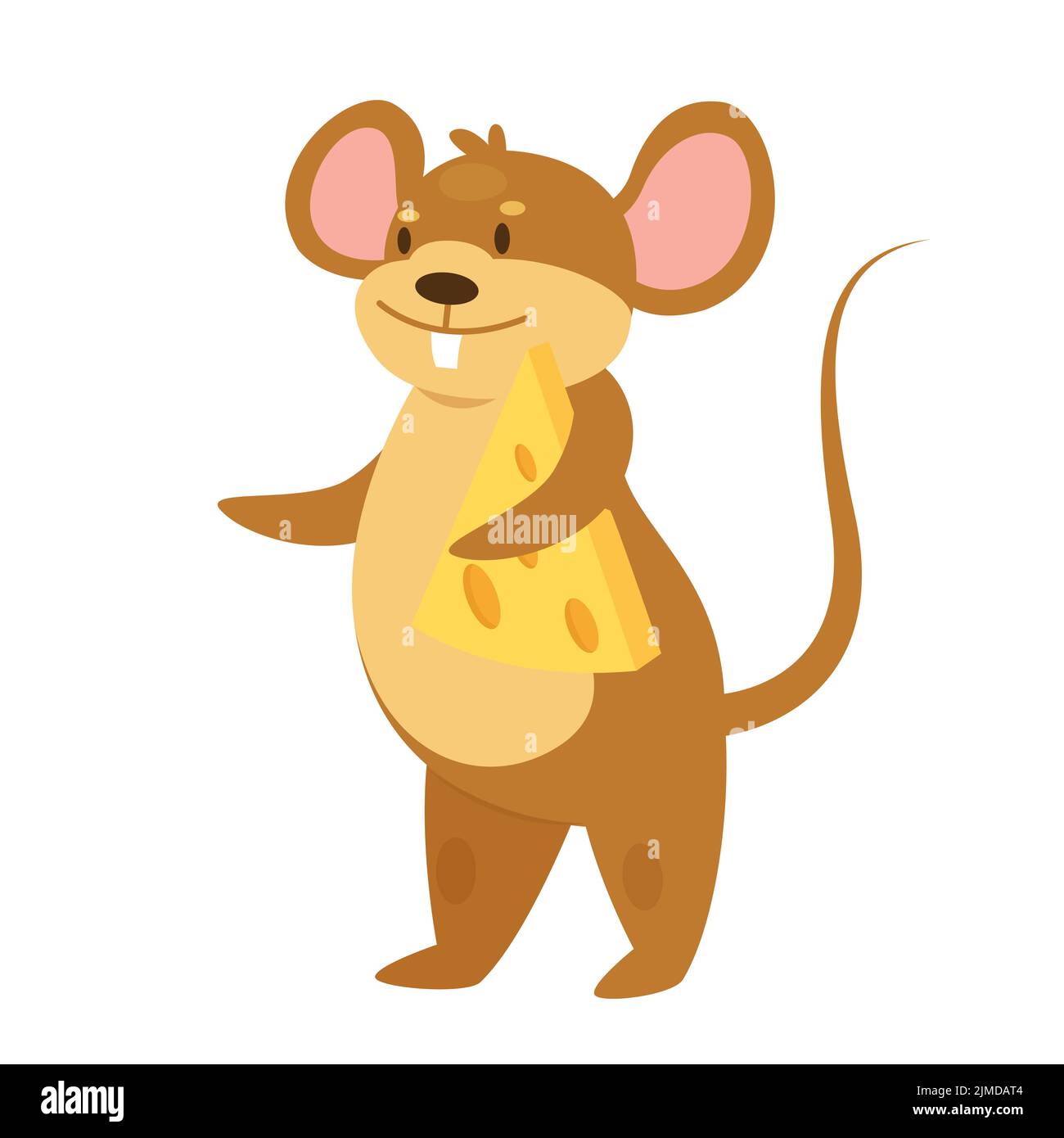 Ratón feliz sosteniendo una rebanada de queso. Comida robada, amante del queso, llevando la ilustración del vector de alimentación Ilustración del Vector