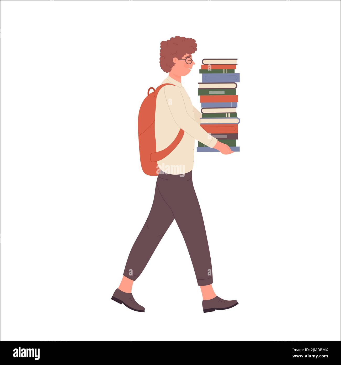 Niño nerd cargando pila de libros. Geek estudiante con material de aprendizaje ilustración de vectores Ilustración del Vector