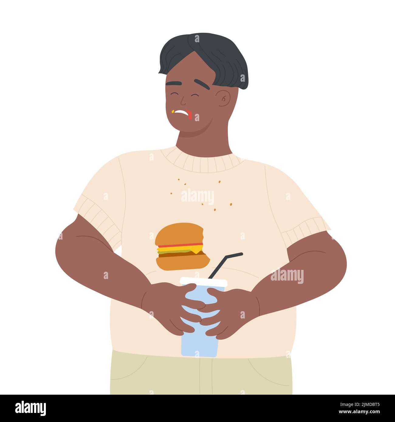 El hombre con sobrepeso come comida chatarra. Niño gordo, estilo de vida malsano, ilustración del vector de la pérdida del peso Ilustración del Vector