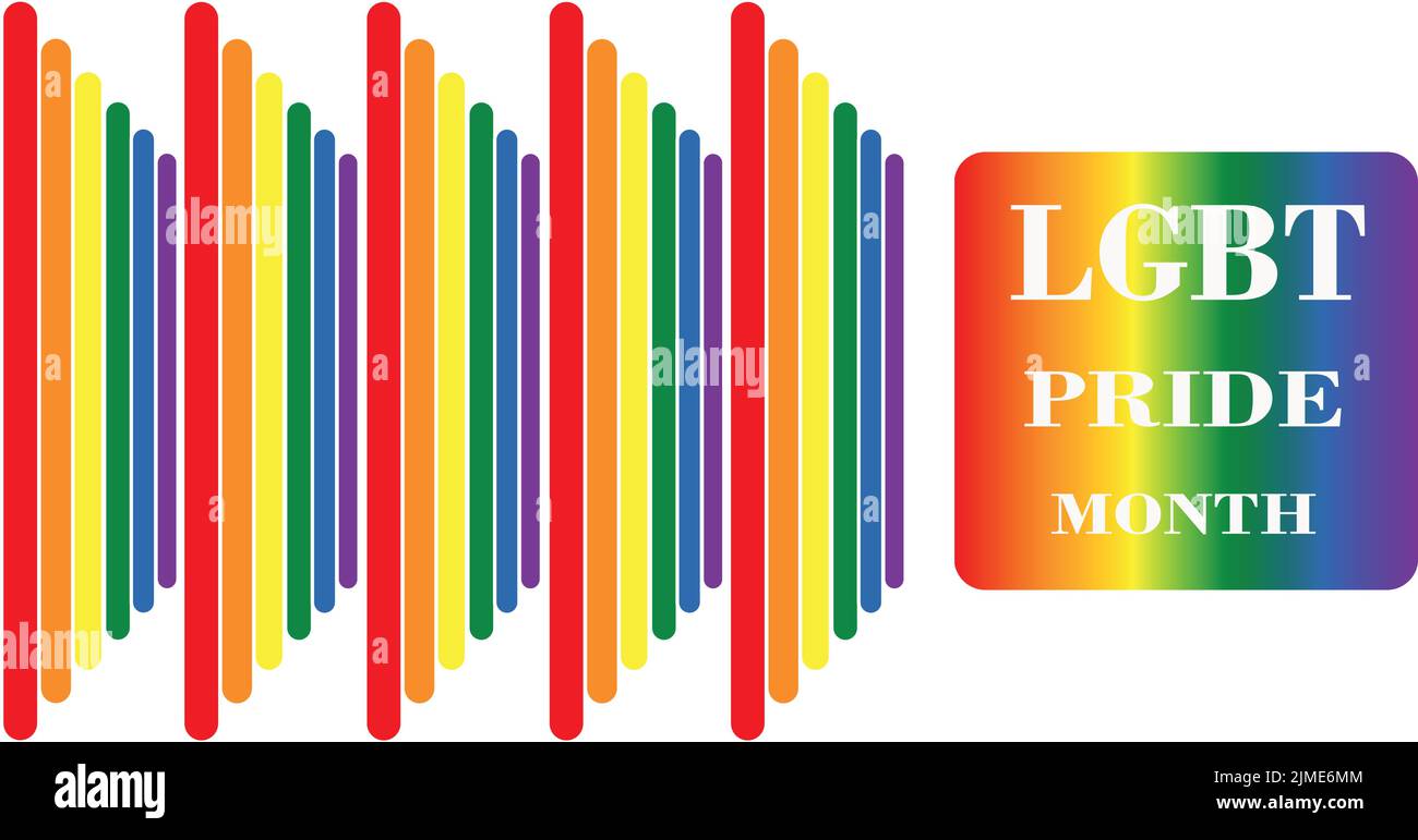 Cartel anunciando la celebración del mes del orgullo LGBT. El diseño también añade un conjunto de barras verticales redondeadas con los colores de la bandera de orgullo LGBT Ilustración del Vector