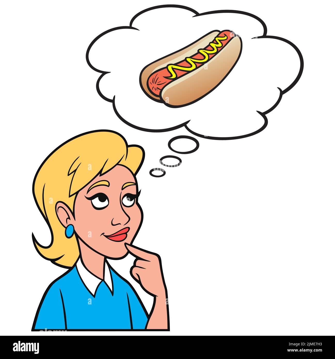 Chica Pensando en un Hotdog - Una ilustración de dibujos animados de una chica pensando en un Hotdog para el almuerzo. Ilustración del Vector