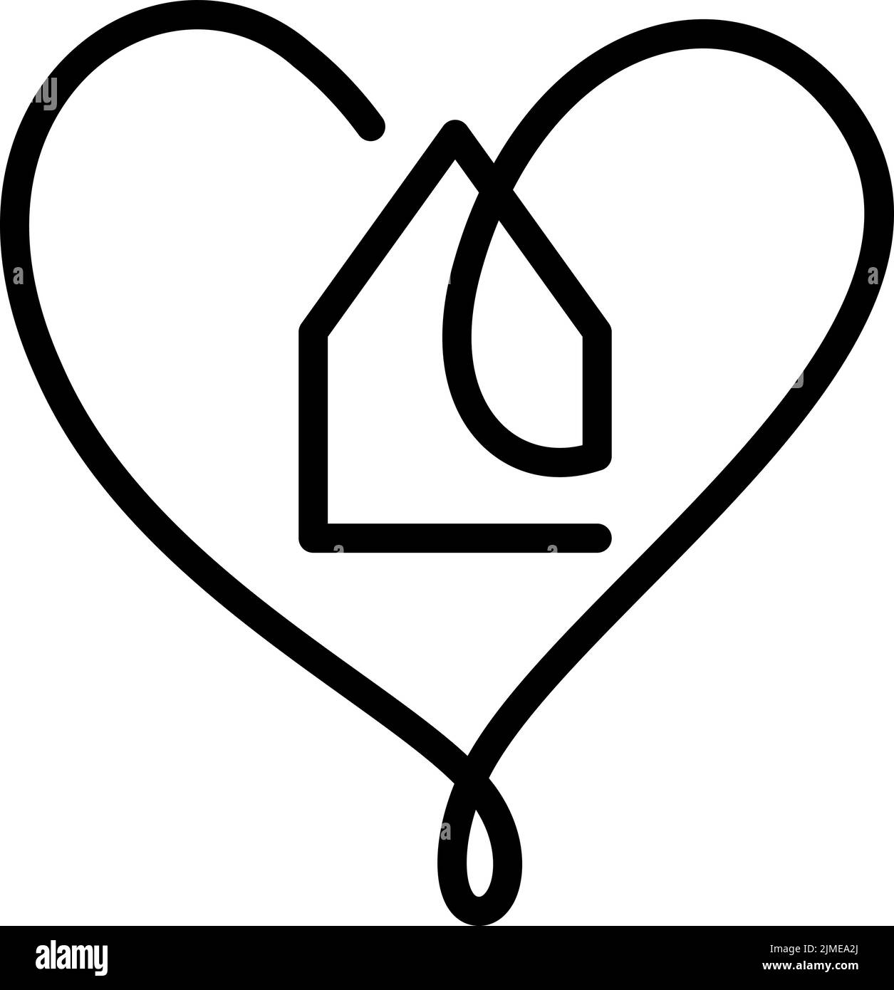 Casa con el vector del corazón dibujado a mano el logotipo de monolina icono bienes raíces una línea de arte, la forma dentro. El amor de casa símbolo, la ilustración aislado en blanco Ilustración del Vector