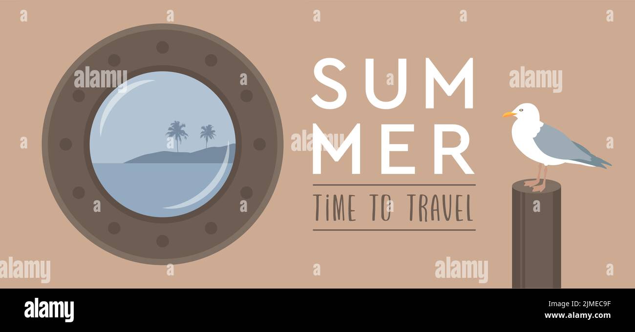 tiempo para viajar a la marquesina con vistas tropicales del paisaje marino y diseño de vacaciones de verano gaviota marina Ilustración del Vector