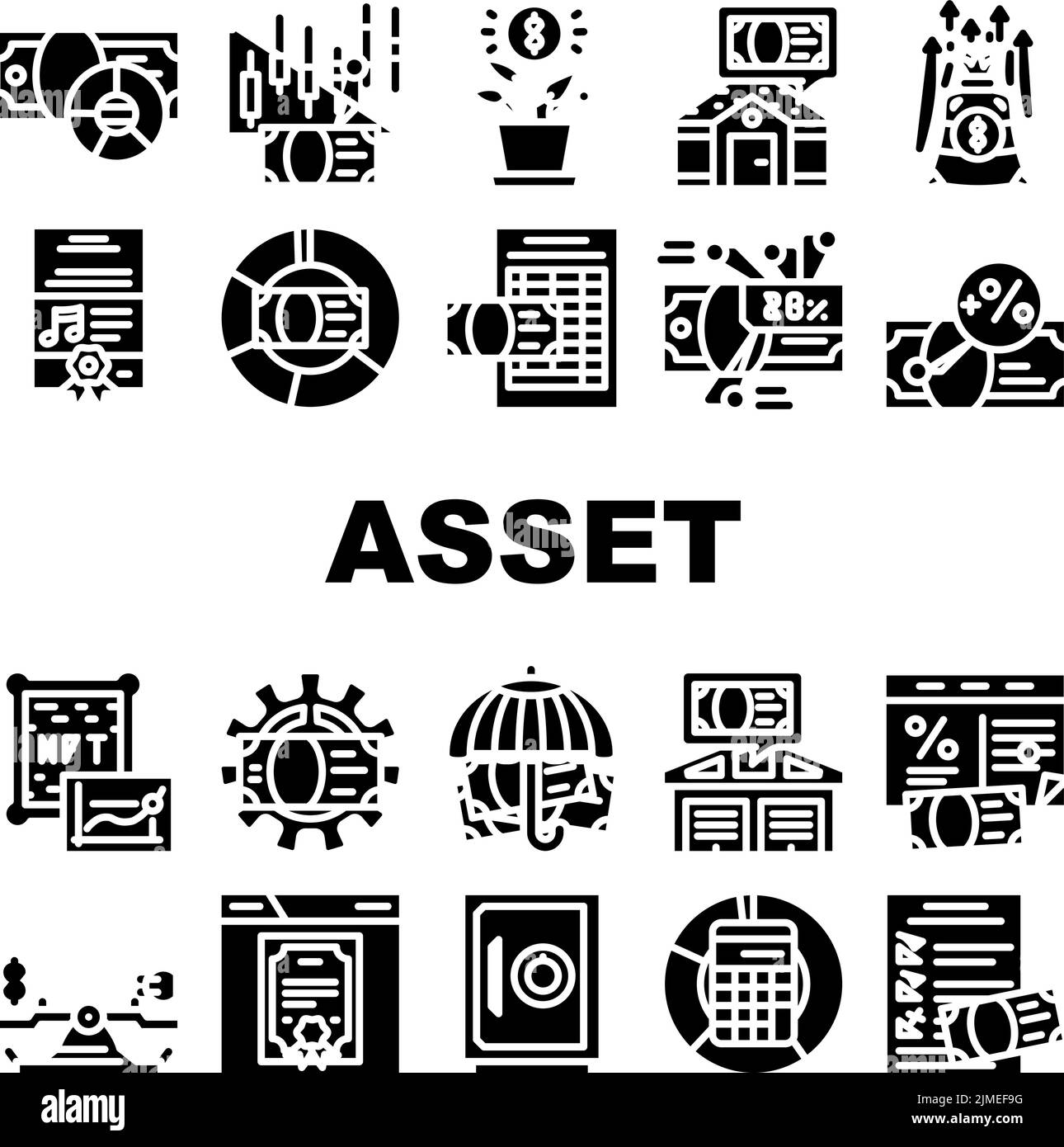 gestión de activos digitales iconos de negocio establecer vector. tecnología financiera, datos