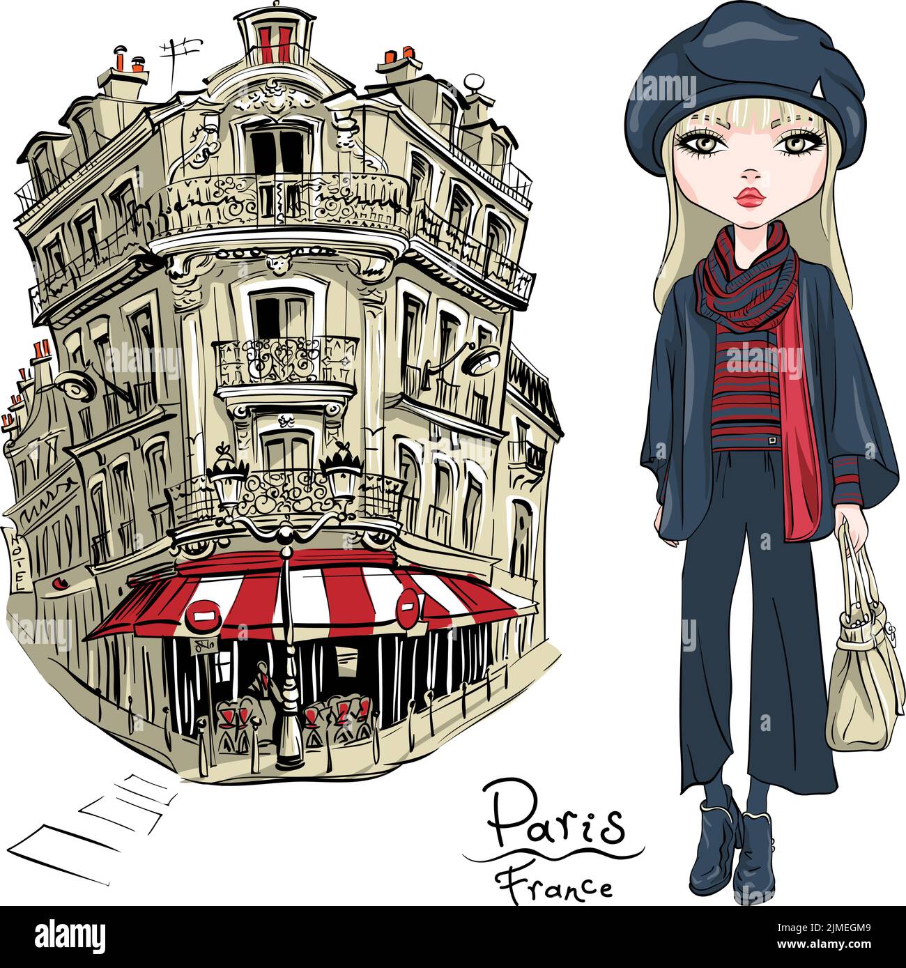 Vector Cute rubia chica en otoño ropa, bufanda y botas, chaqueta y vaqueros en París, Francia Ilustración del Vector