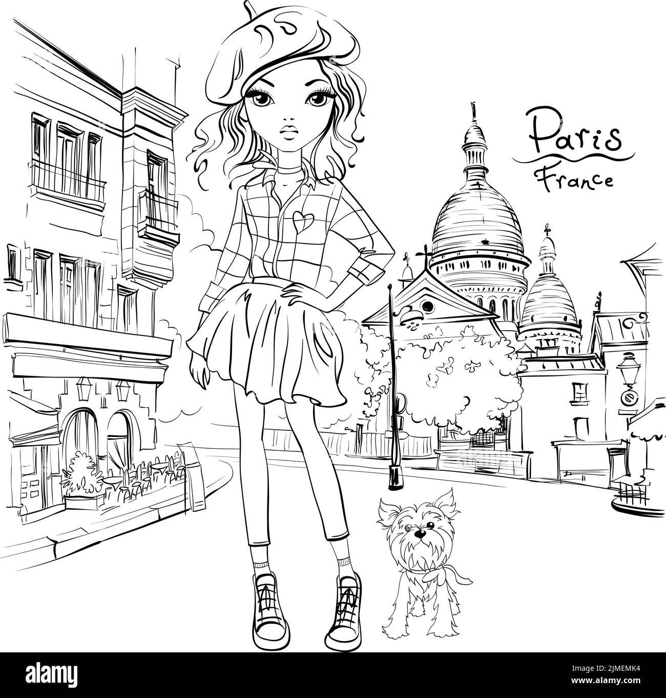 Vector linda chica en el barrio Montmartre, París, Francia. Ilustración en blanco y negro para libro de colorear. Ilustración del Vector