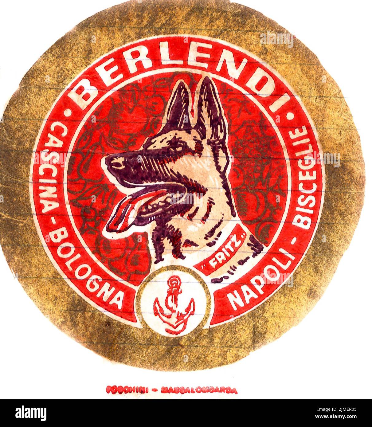 Envoltorio de papel para pañuelos de frutas frescas, de mediados de 1950s, Inglaterra, con marca comercial del cultivador. Berlendi, Bolonia, Nápoles. Cabeza de perro pastor alemán. Rojo, dorado. Foto de stock