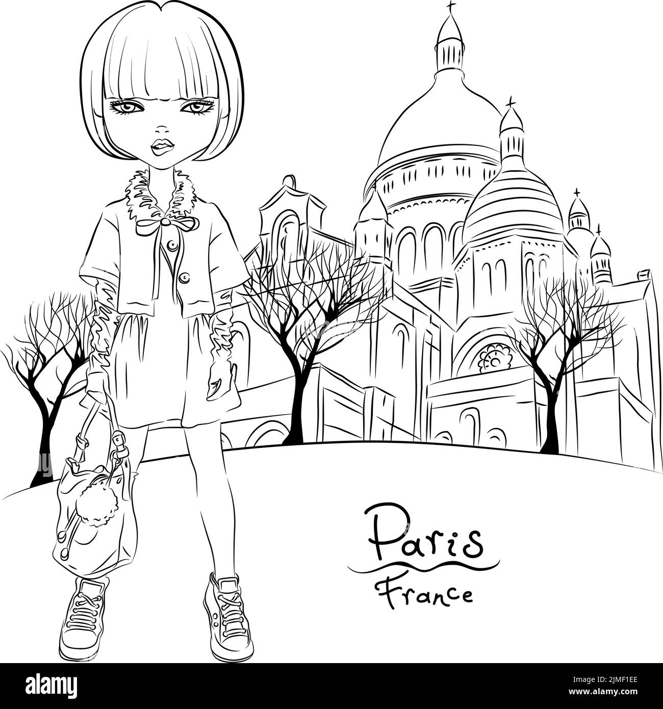 Vector linda chica en el barrio Montmartre, París, Francia. Ilustración en blanco y negro para libro de colorear. Ilustración del Vector