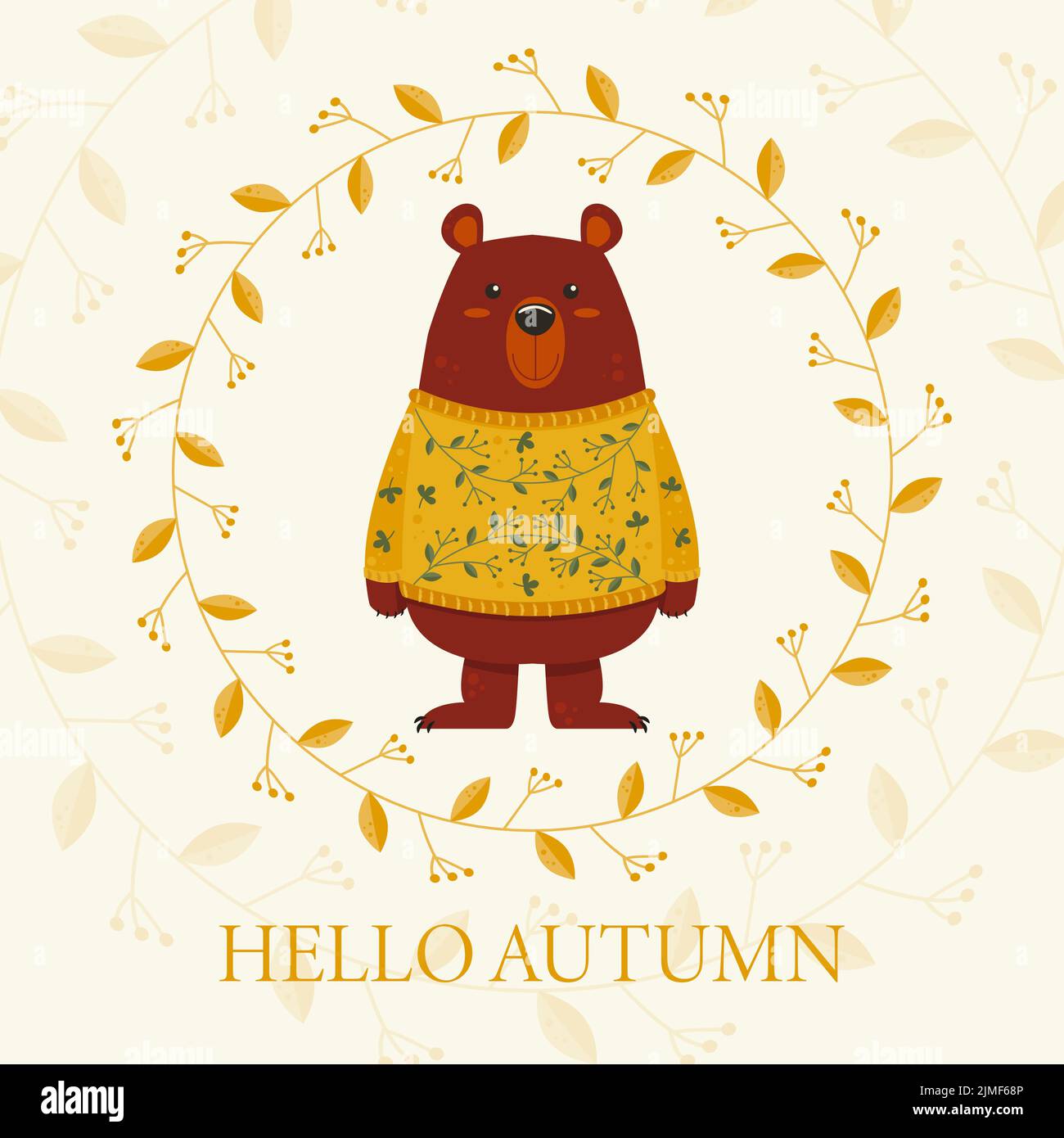 Lindo osito de peluche en un suéter amarillo con una tarjeta de otoño de adorno Hello Autumn Ilustración del Vector