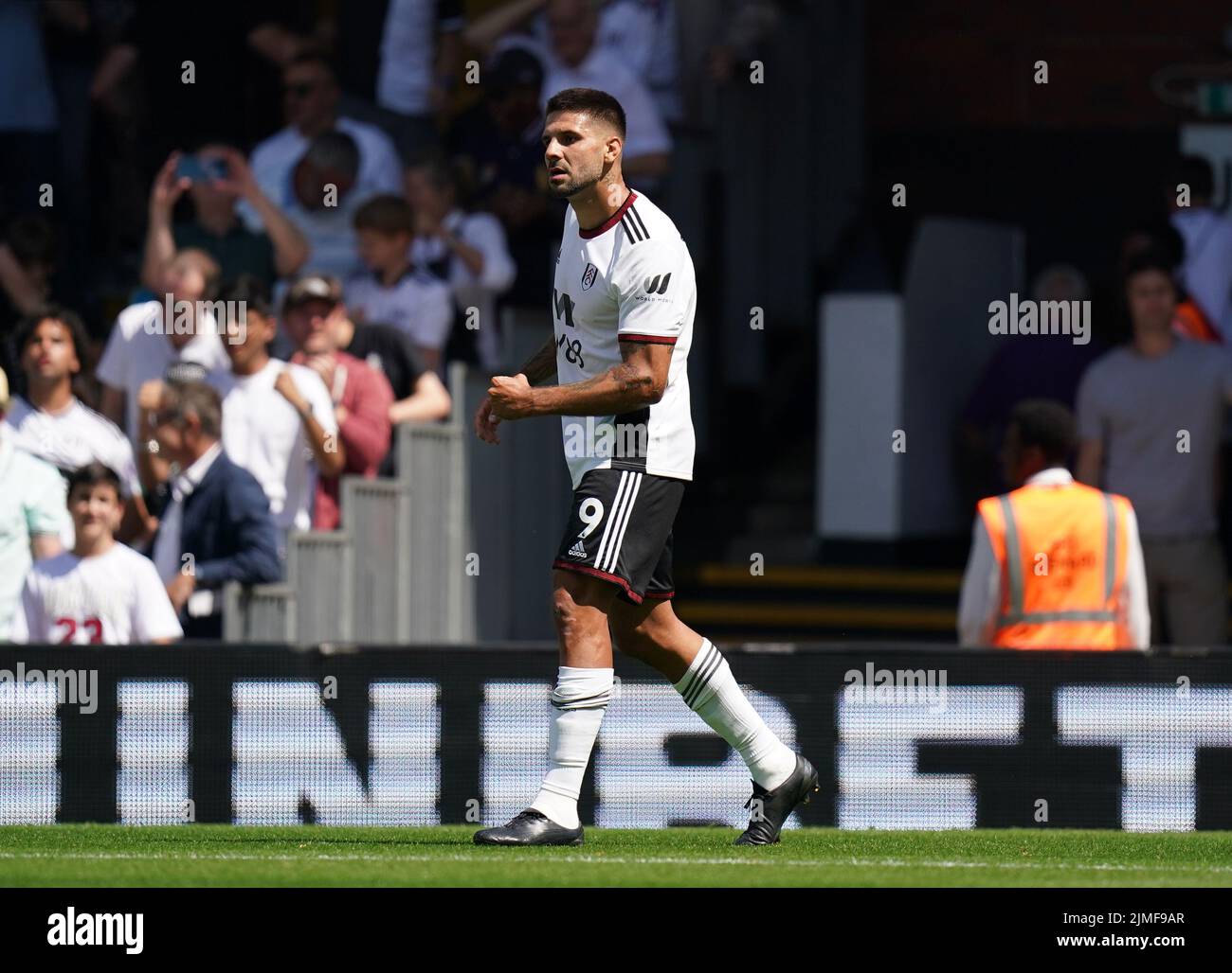 Aleksandar Mitrovic de Fulham celebra el primer gol de su equipo durante el partido de la Premier League en Craven Cottage, Londres. Fecha de la foto: Sábado 6 de agosto de 2022. Foto de stock