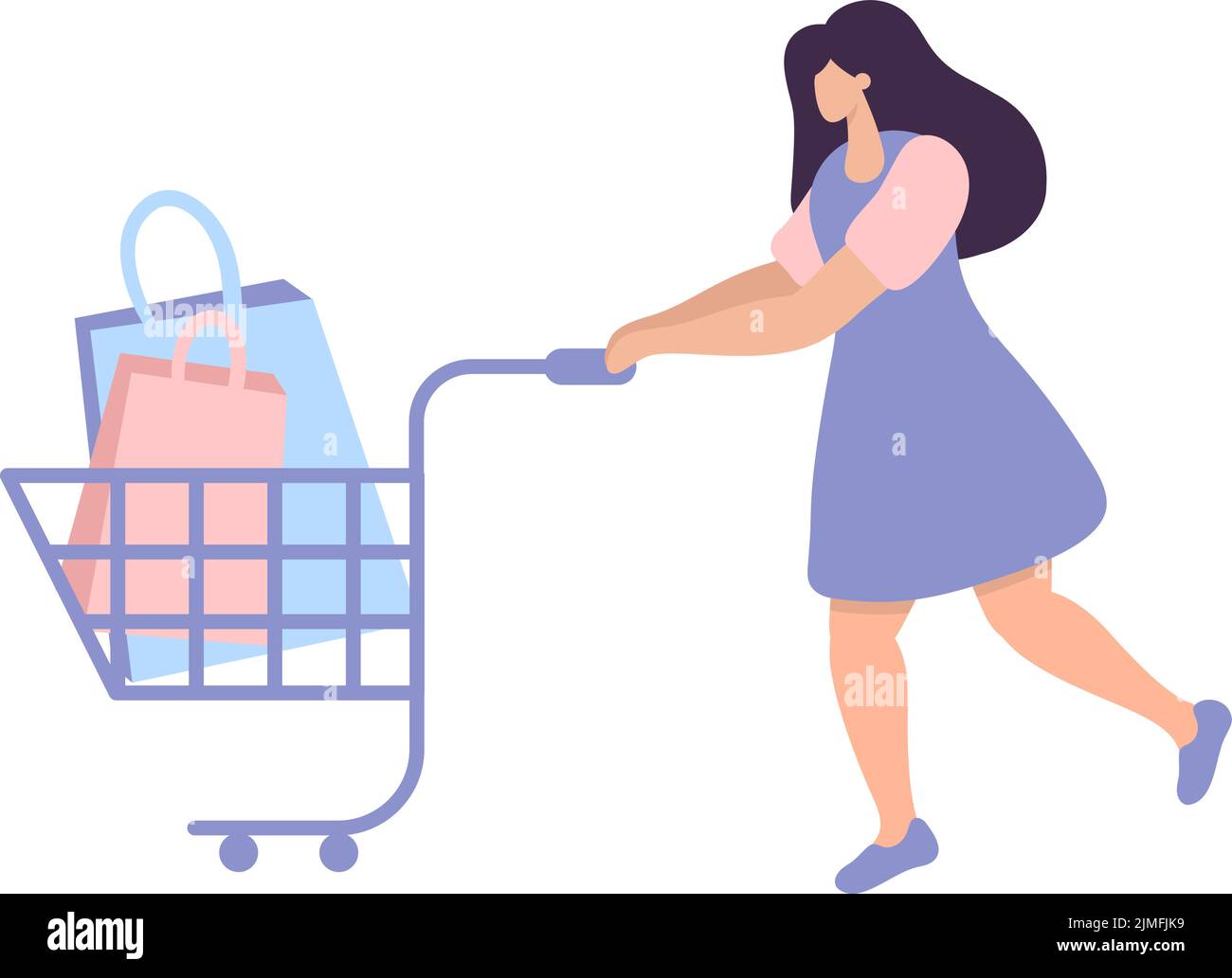 Mujer joven caminando con coloridas bolsas de compras en el carro. Concepto de compras de marketing creativo de que el cliente gana recompensa o premio al comprar productos Ilustración del Vector