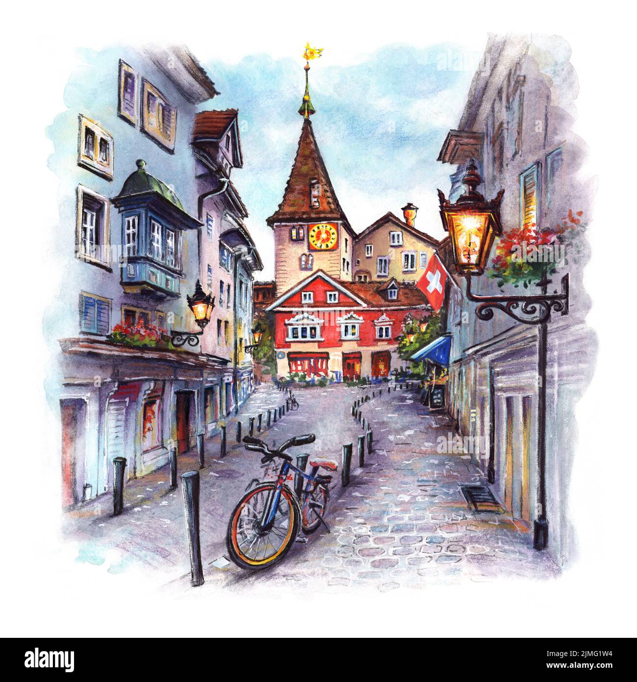 Boceto de acuarela de la acogedora calle en el casco antiguo de Zurich, la ciudad más grande de Suiza. Foto de stock