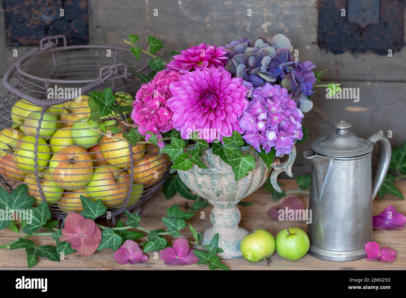 arreglo con ramo de flores de dahlias y hortensias y manzanas en cesta Foto de stock