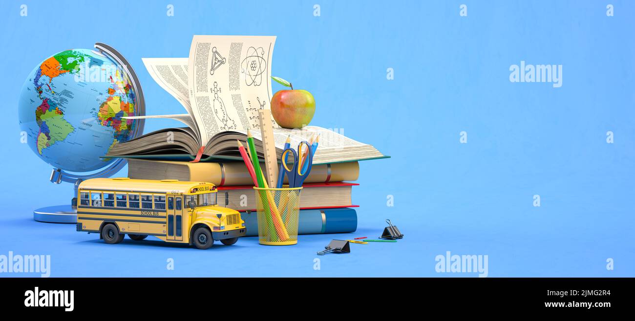 Concepto de aprendizaje y lectura accesorios de papelería con libros y  globo
