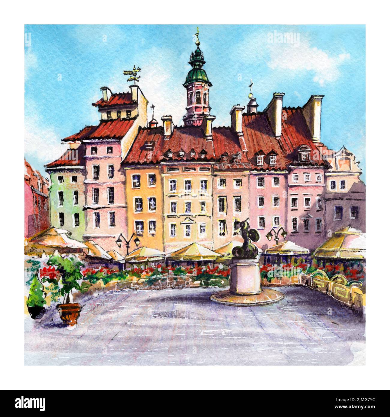 Dibujo de acuarela del Mercado de la Ciudad Vieja de Varsovia, Polonia. Foto de stock