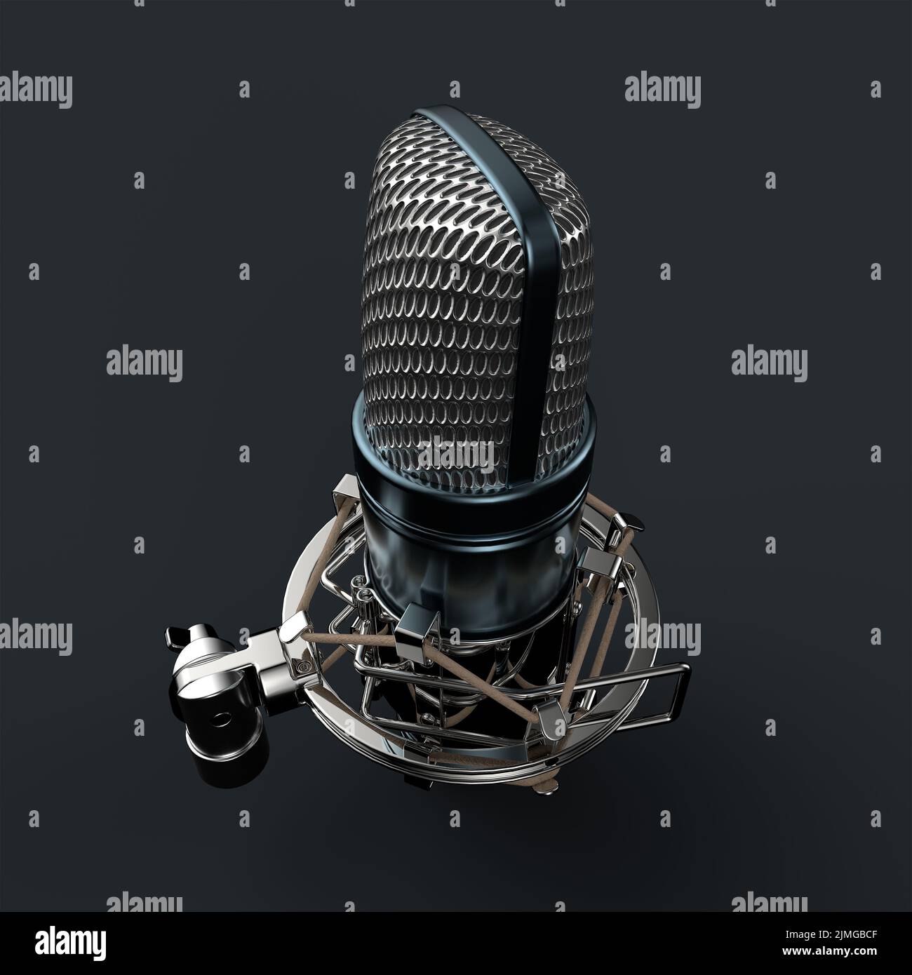 Podcast de Studio Microphone 3D Renderece sobre un fondo gris oscuro Foto de stock