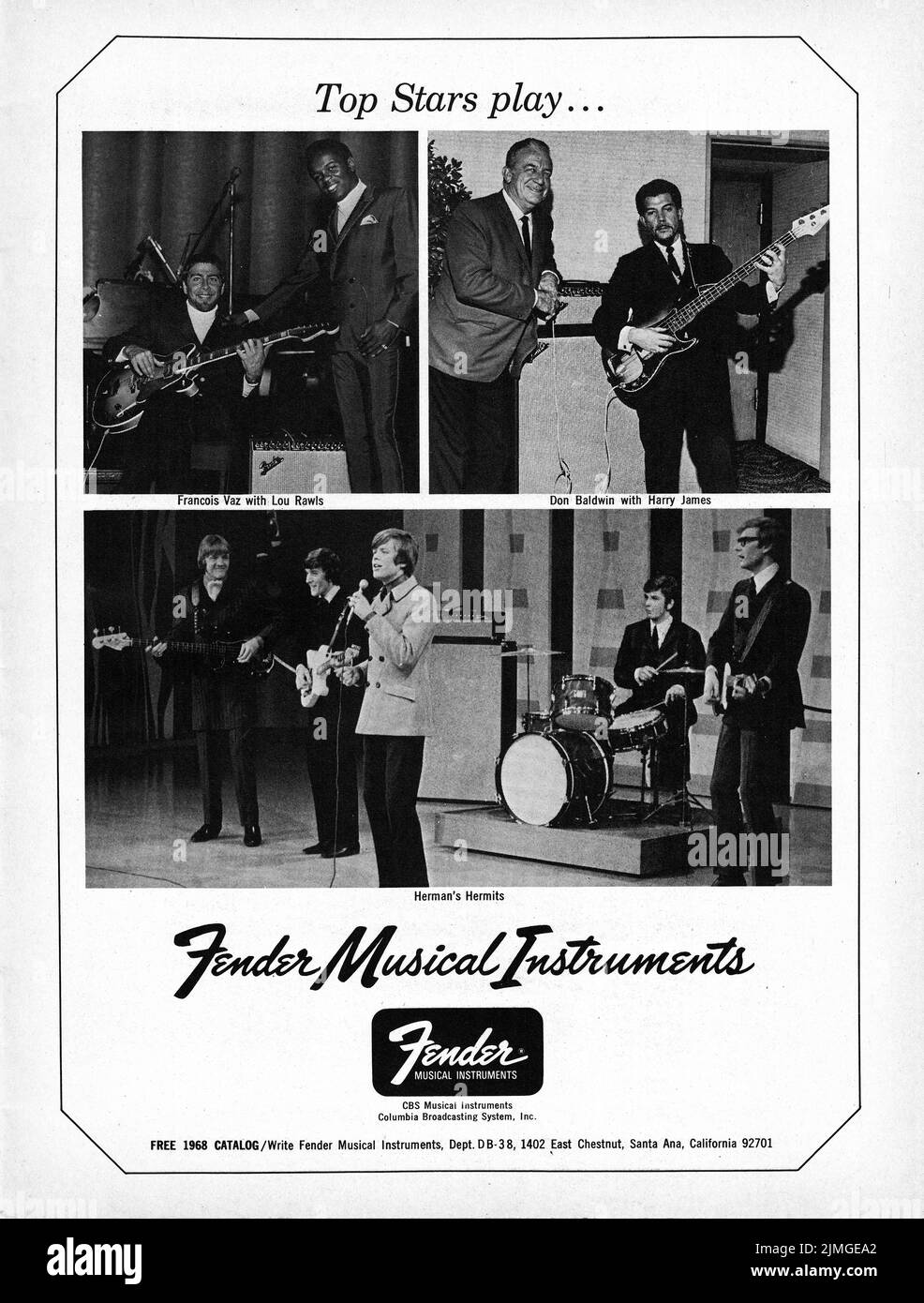 Un anuncio de guitarra Fender de una revista musical de 1968 que muestra que las mejores estrellas tocan instrumentos Fender. El anuncio incluye a Lou Rawls, Harry James & Herman's Hermits. Foto de stock