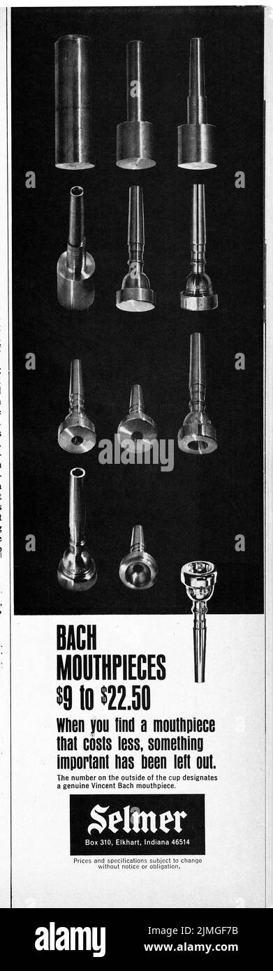 Un anuncio de una revista musical de 1968 de Selmer Bach Bouches para trompetas diseñado por Vincent Bach. Foto de stock