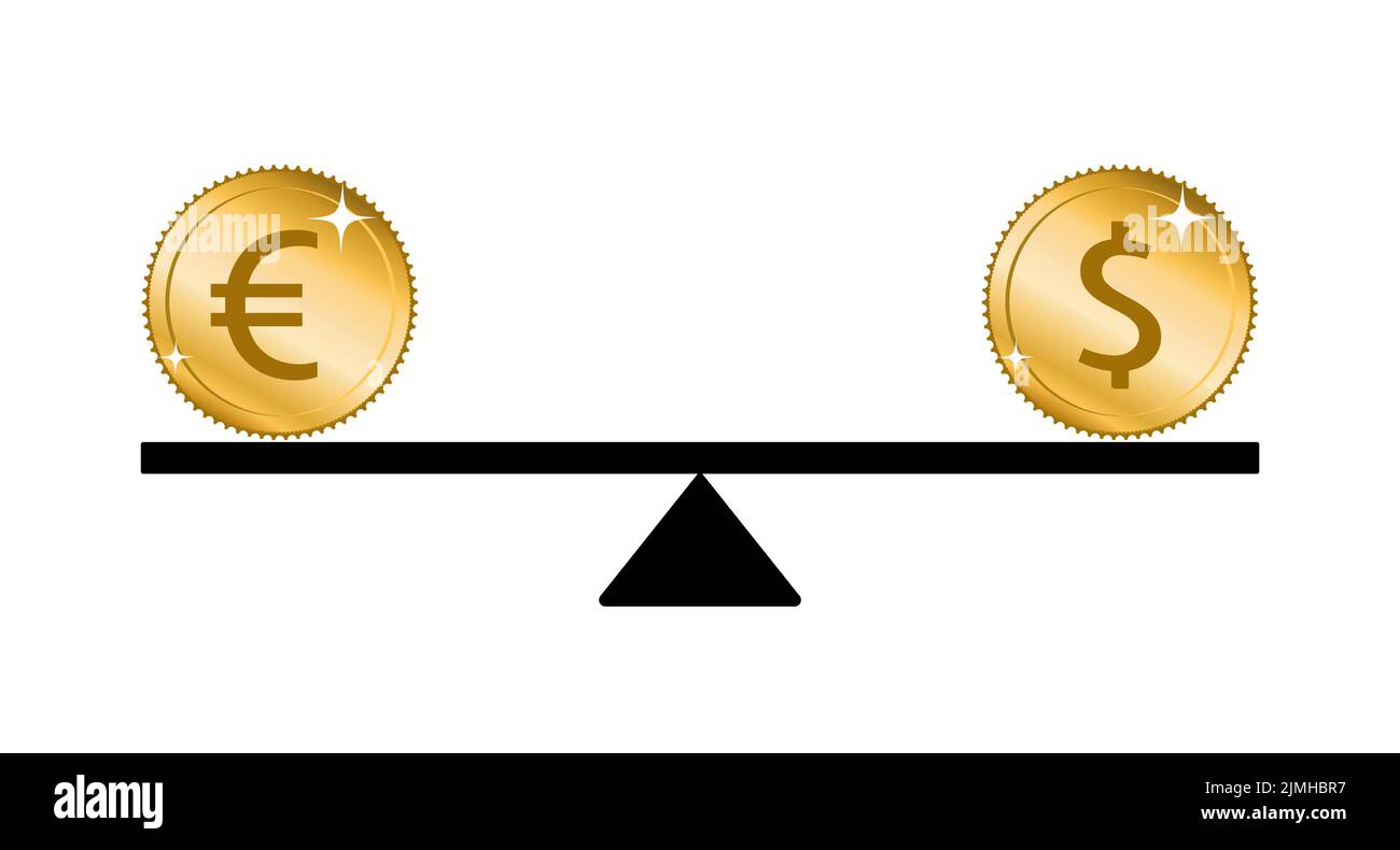 Concepto de paridad del euro y del dólar. Monedas de dólar y euros en un balancín equilibrado Ilustración del Vector