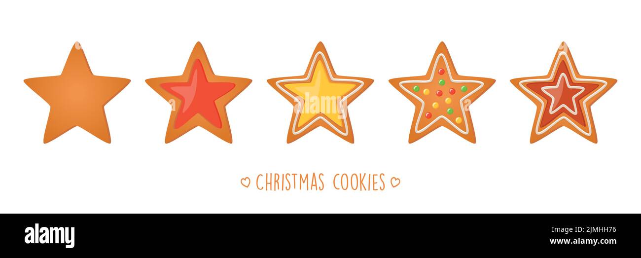 juego de galletas de navidad de pan de jengibre con diferentes glaseado y azúcar estrella de decoración Ilustración del Vector