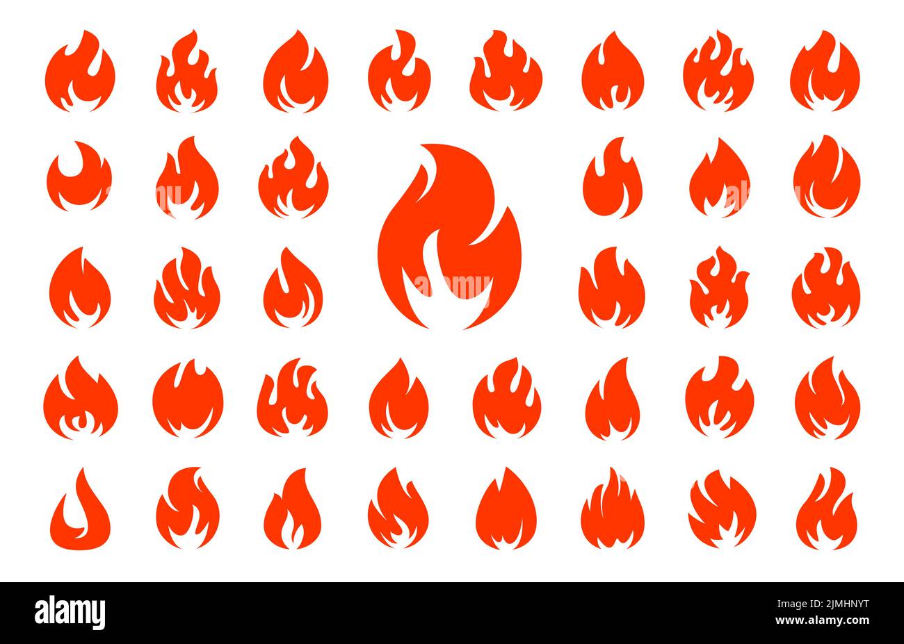 Encender llamas Fijar iconos vectoriales. Fogata caliente roja, fogata, fuego salvaje de calor, símbolo de bola de fuego. Ilustración vectorial aislada Ilustración del Vector