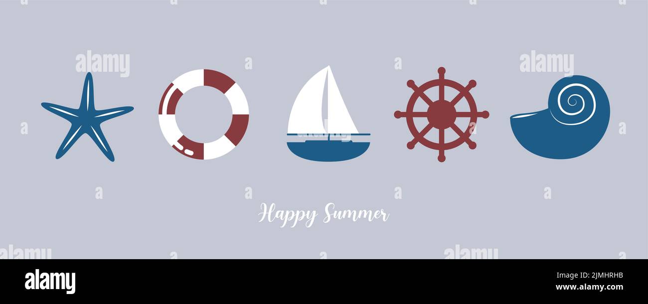 bandera de verano diseño marino con barco de vela concha y ancla Ilustración del Vector