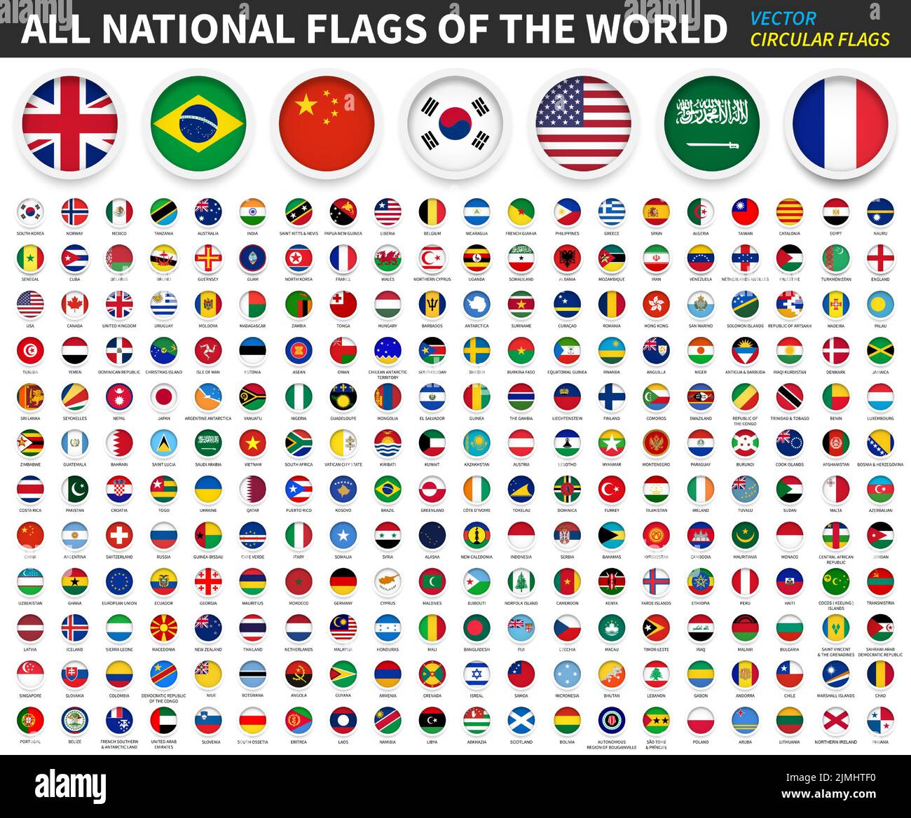 Todas las banderas nacionales del mundo . Bandera circular con marco y nombre del país . Vector . Ilustración del Vector