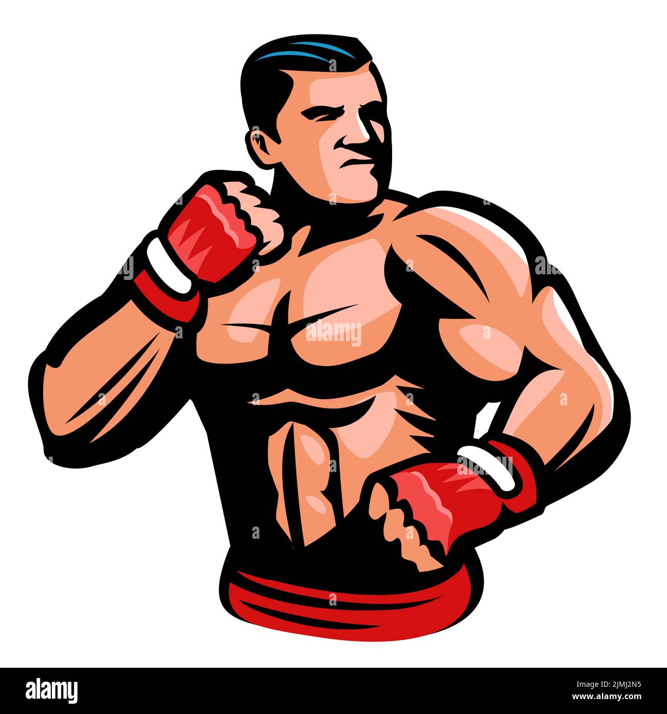 Luchador con elementos de diseño de guantes de boxeo para emblema deportivo. Diseño de logotipo de la mascota boxeador muscular. Vector aislado Ilustración del Vector