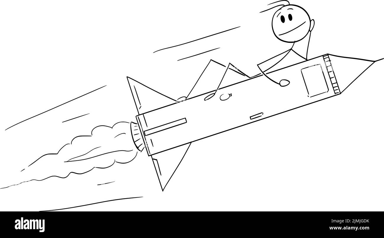Feliz hombre de negocios o persona volando alto en el cohete espacial, concepto de inicio, vector de dibujos animados palo figura o ilustración de carácter. Ilustración del Vector