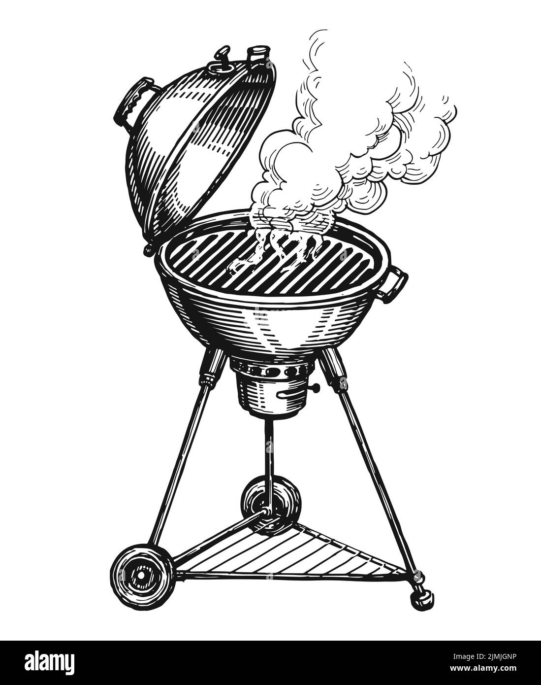 Barbacoa. Barbacoa de carbón brasero con humo. Kebab, concepto de comida a la parrilla. Ilustración de vector de croquis aislada Ilustración del Vector