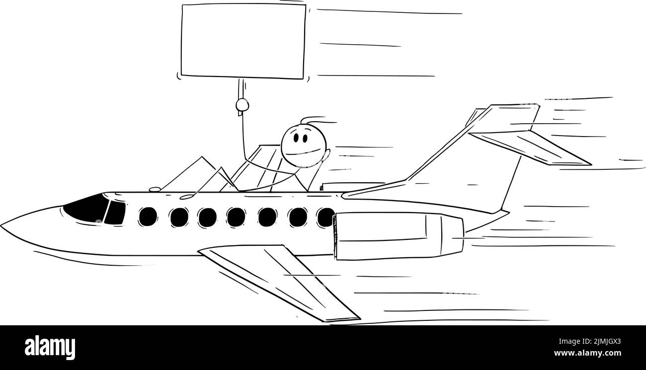 Persona sosteniendo la señal y volando en avión, viaje y concepto de vacaciones, vector figura de caricatura palo o ilustración de carácter. Ilustración del Vector