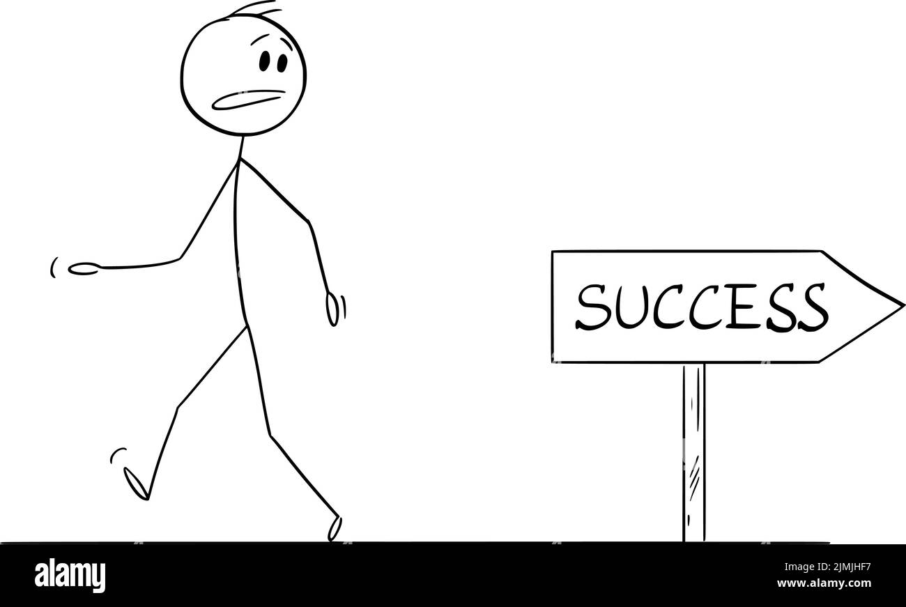 Caminar mal manera de éxito, persona que mira la señal de carretera, vector figura de caricatura palo o ilustración de carácter. Ilustración del Vector