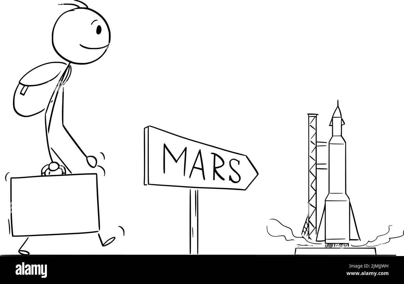 El cohete espacial está esperando para comenzar, yendo al planeta Marte , figura vectorial de caricatura palo o ilustración de carácter. Ilustración del Vector