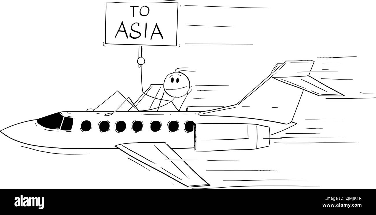 Turista o persona que viaja a Asia en avión, figura de palitos de caricatura vectorial o ilustración de personajes. Ilustración del Vector