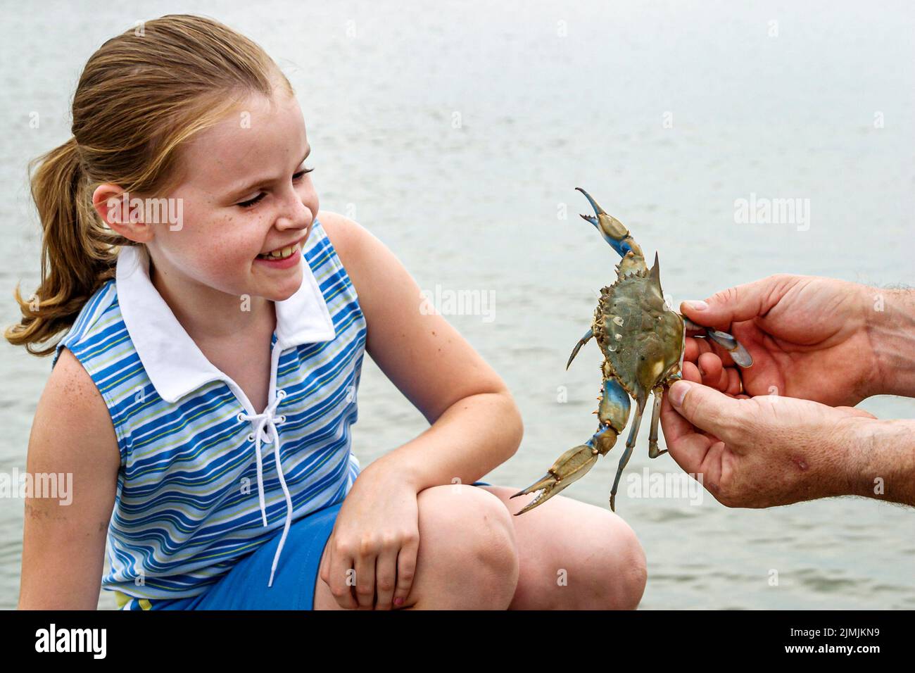 Newport News Virginia, cerca del puente James River Bridge, pesca, recreación, muelle acuático, una chica que busca cangrejos, visitantes grupo de vacaciones Foto de stock