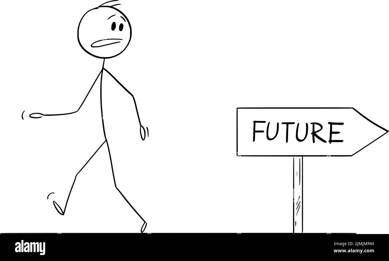 Caminar mal manera de futuro, persona que mira la señal de carretera, vector figura palo de dibujos animados o ilustración de carácter. Ilustración del Vector