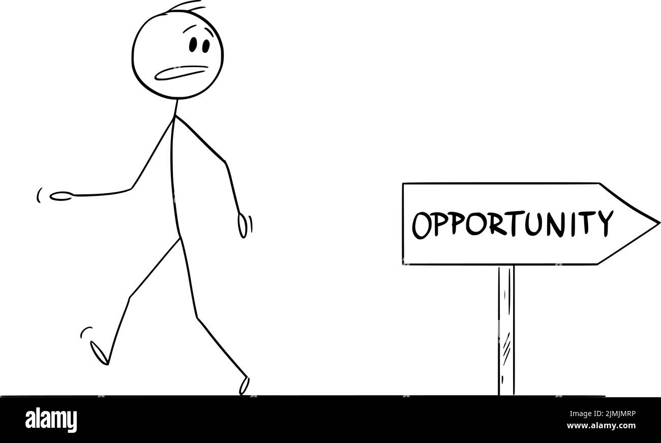 Caminar mal manera de la oportunidad, persona que mira la señal de carretera, vector figura palo de dibujos animados o ilustración de carácter. Ilustración del Vector