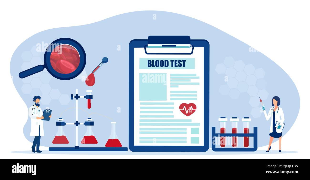 Vector de médicos y personal de laboratorio que recoge sangre para realizar análisis de sangre médica, análisis de laboratorio químico Ilustración del Vector