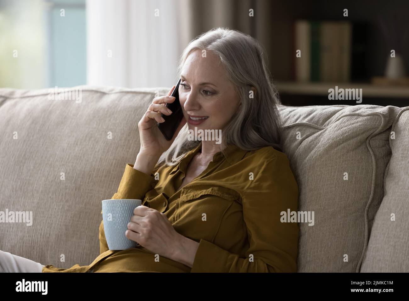 Bonita abuela jubilada de pelo gris hablando por teléfono móvil Foto de stock