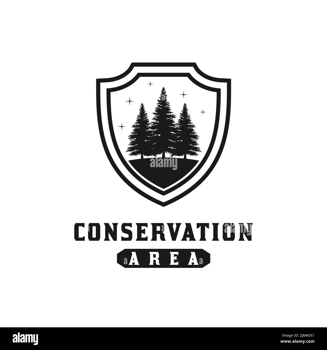 Pino con escudo para el logotipo de bosque protegido, o Reserva Natural Diseño de inspiración Ilustración del Vector