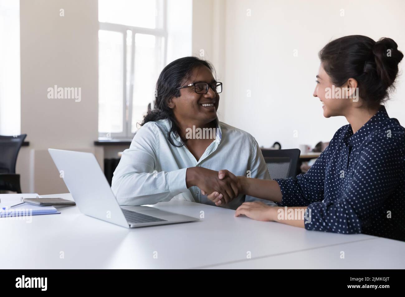 Dos empresarios indios hacen trato, se sienten satisfechos Foto de stock