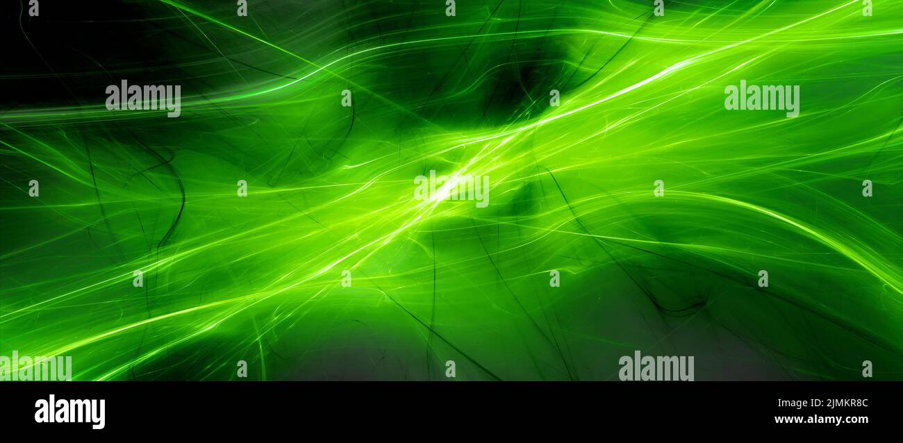 Hilo de plasma verde brillante de espacio-tiempo, materia oscura y energía, fondo abstracto generado por ordenador, render 3D Foto de stock
